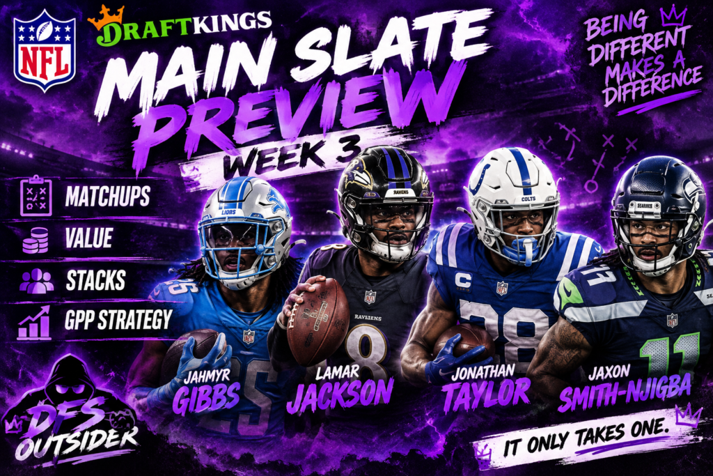 The DFS Outsider 2026 DraftKings Week 3 Main Slate Preview featuring Jahmyr Gibbs, Lamar Jackson, Jonathan Taylor, and Jaxon Smith-Njigba.