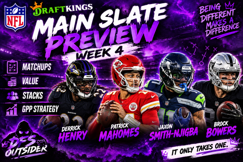2026 DraftKings Week 4 Main Slate Preview featuring Derrick Henry, Patrick Mahomes, Jaxon Smith-Njigba and Brock Bowers.
