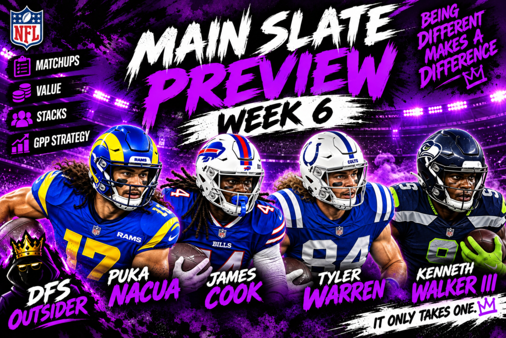 The DFS Outsider 2026 Week 6 DraftKings NFL Main Slate Preview featuring Puka Nacua, James Cook, Tyler Warren, and Kenneth Walker III.