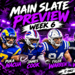 The DFS Outsider 2026 Week 6 DraftKings NFL Main Slate Preview featuring Puka Nacua, James Cook, Tyler Warren, and Kenneth Walker III.