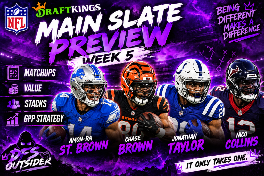 2026 Week 5 DraftKings Main Slate Preview featuring Amon-Ra St. Brown, Chase Brown, Jonathan Taylor and Nico Collins for The DFS Outsider
